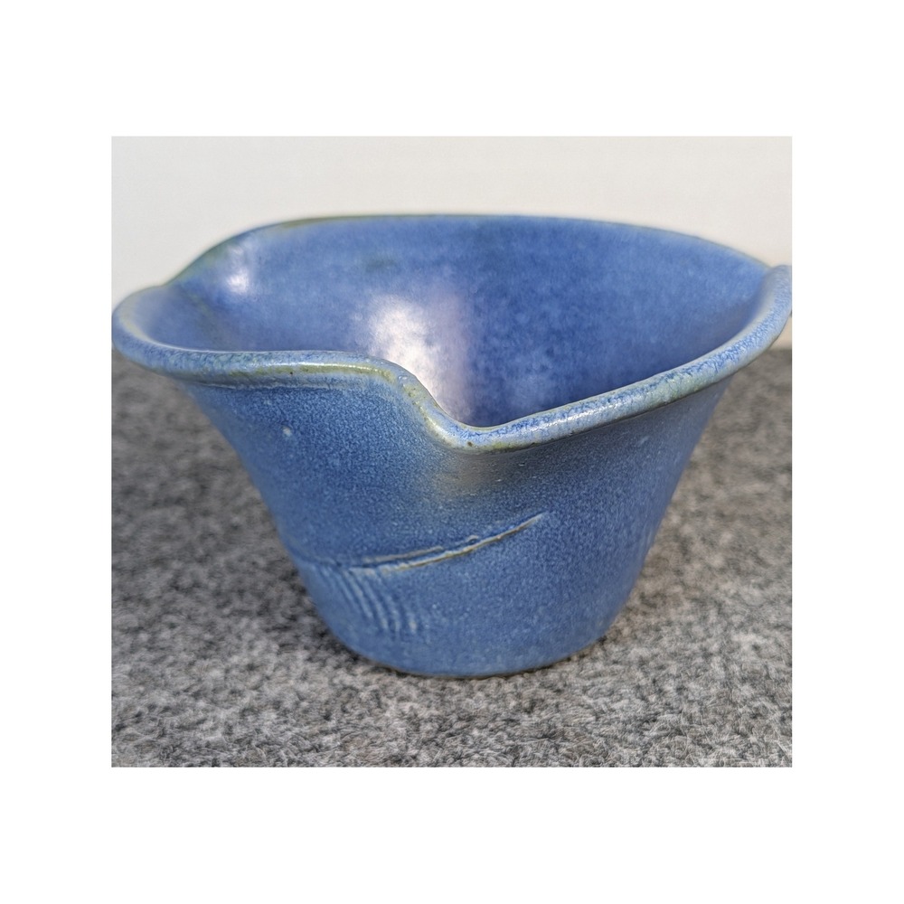 Vintage Italian Blue Studio Art Pottery Flared Bowl Melted Glass Bottom 3in